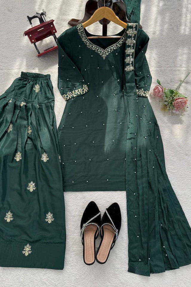 Green Embroidered Crepe Palazzo Suit (DK-1608)