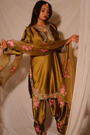 Brown Sequin with Embroidered Satin Straight Cut Suit (DM-3081-BROWN)