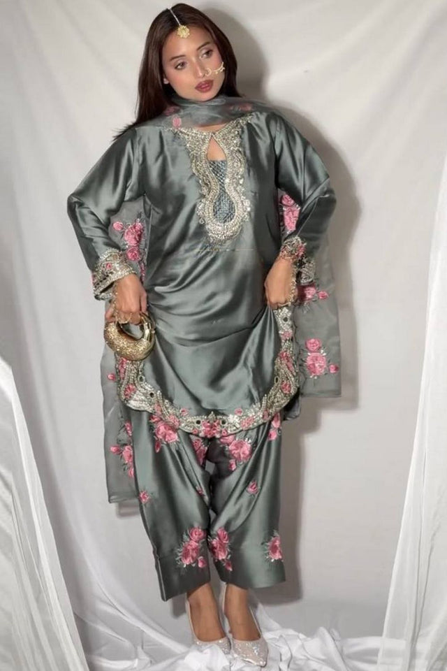Grey Sequin with Embroidered Satin Straight Cut Suit (DM-3081-GREY)