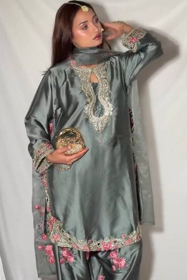 Grey Sequin with Embroidered Satin Straight Cut Suit (DM-3081-GREY)
