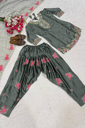 Grey Sequin with Embroidered Satin Straight Cut Suit (DM-3081-GREY)