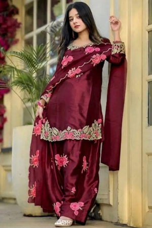 Maroon Sequin with Embroidered Satin Straight Cut Suit (DM-3081-MAROON)