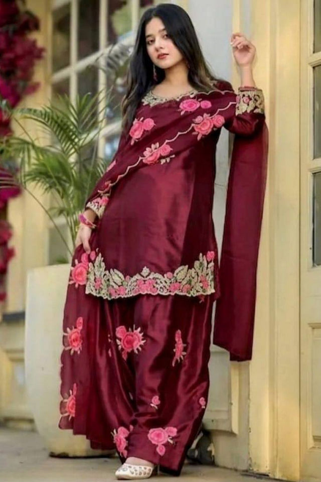 Maroon Sequin with Embroidered Satin Straight Cut Suit (DM-3081-MAROON)