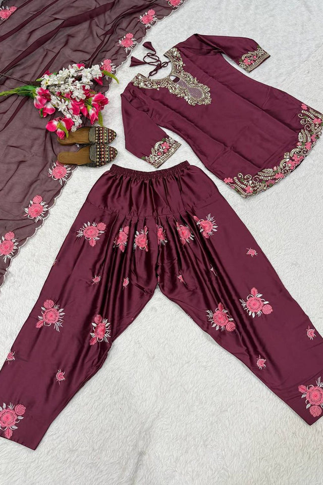 Maroon Sequin with Embroidered Satin Straight Cut Suit (DM-3081-MAROON)