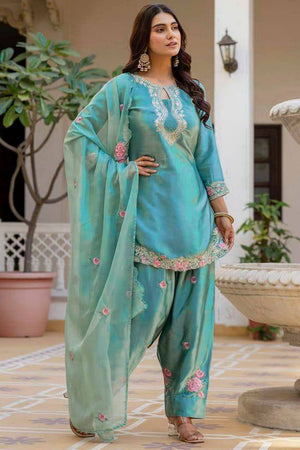 Turquoise Sequin with Embroidered Satin Straight Cut Suit (DM-3081-TURQUOISE)