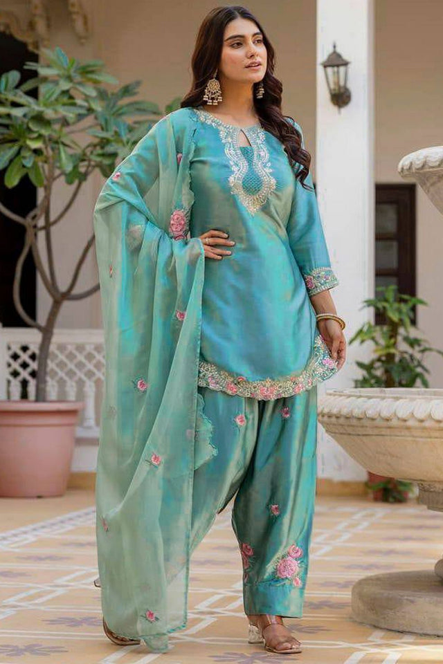 Turquoise Sequin with Embroidered Satin Straight Cut Suit (DM-3081-TURQUOISE)