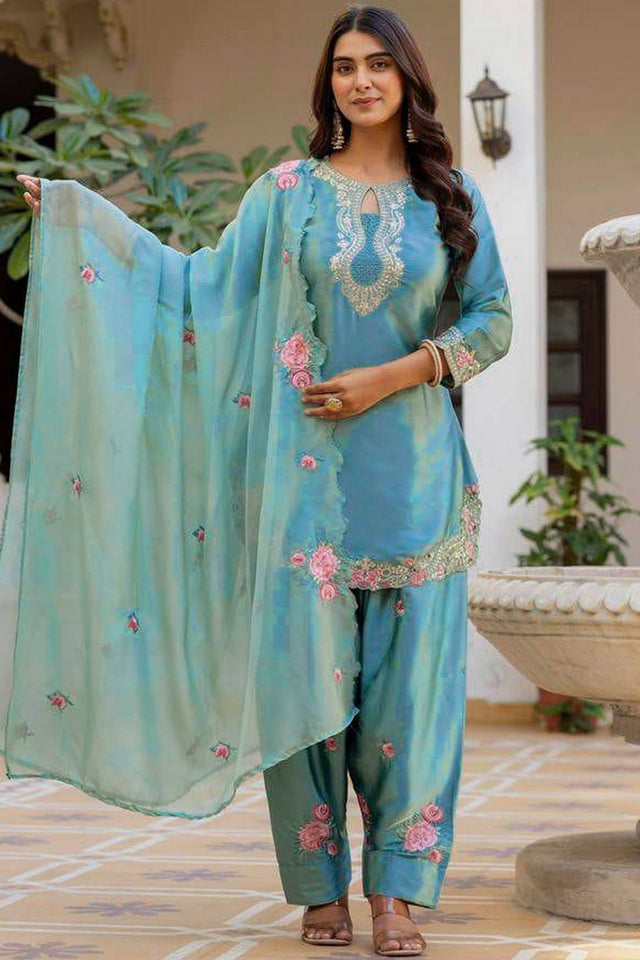Turquoise Sequin with Embroidered Satin Straight Cut Suit (DM-3081-TURQUOISE)