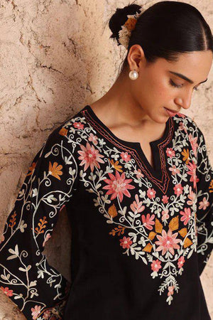 Black Floral Embroidered Silk Kurti Palazzo Set (DN-5058)