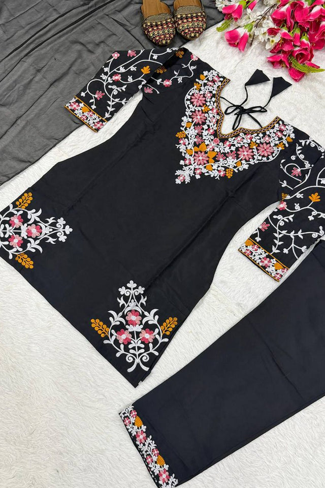 Black Floral Embroidered Silk Kurti Palazzo Set (DN-5058)