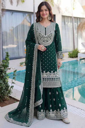 Dark Green Embroidered Georgette Palazzo Suit (DV-1346-Dark Green)