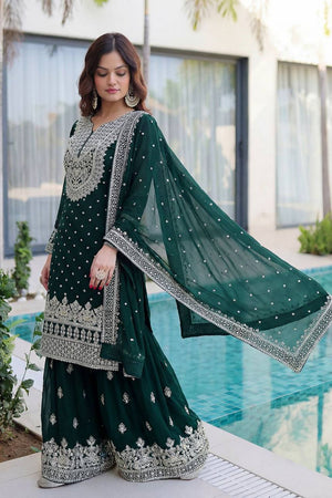 Dark Green Embroidered Georgette Palazzo Suit (DV-1346-Dark Green)
