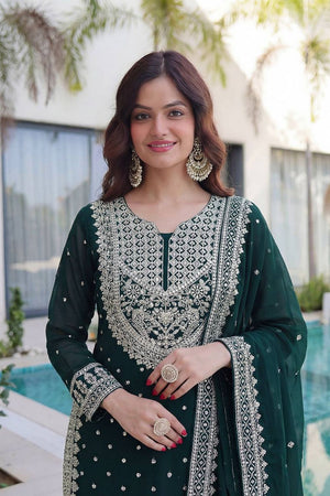 Dark Green Embroidered Georgette Palazzo Suit (DV-1346-Dark Green)