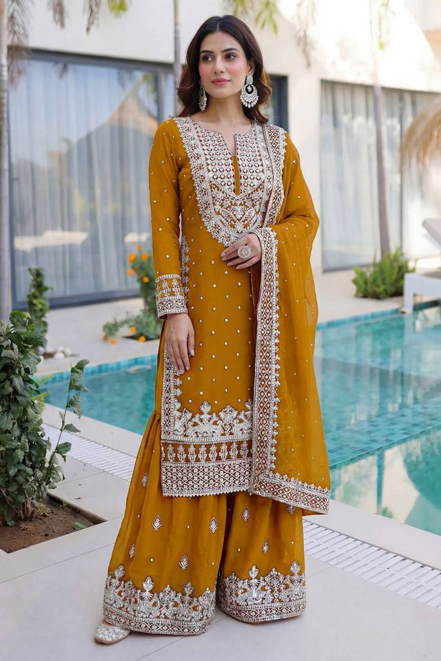 Mustard Embroidered Georgette Palazzo Suit (DV-1346-Mustard)