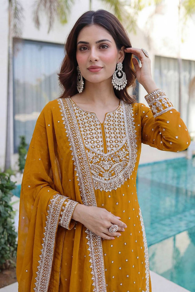 Mustard Embroidered Georgette Palazzo Suit (DV-1346-Mustard)