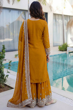 Mustard Embroidered Georgette Palazzo Suit (DV-1346-Mustard)