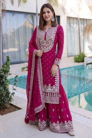 Pink Embroidered Georgette Palazzo Suit (DV-1346-Pink)