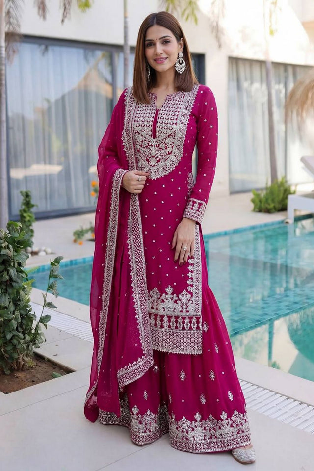 Pink Embroidered Georgette Palazzo Suit (DV-1346-Pink)