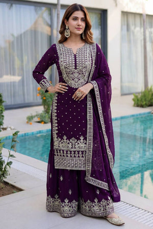 Violet Embroidered Georgette Palazzo Suit (DV-1346-Purple)