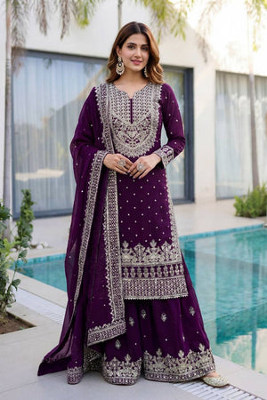Violet Embroidered Georgette Palazzo Suit (DV-1346-Purple)
