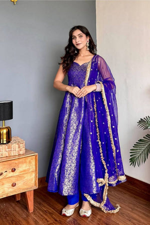 Blue Jacquard Viscose Anarkali Suit (DV-5165-Blue)