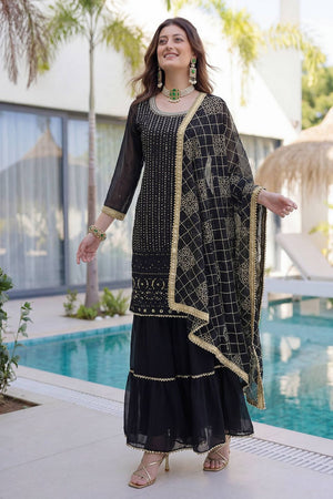 Black Sequin with Embroidered Georgette Sharara Suit (DV-ON5065-Black)