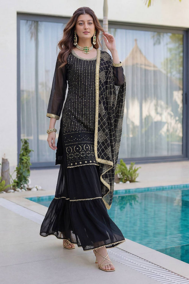 Black Sequin with Embroidered Georgette Sharara Suit (DV-ON5065-Black)