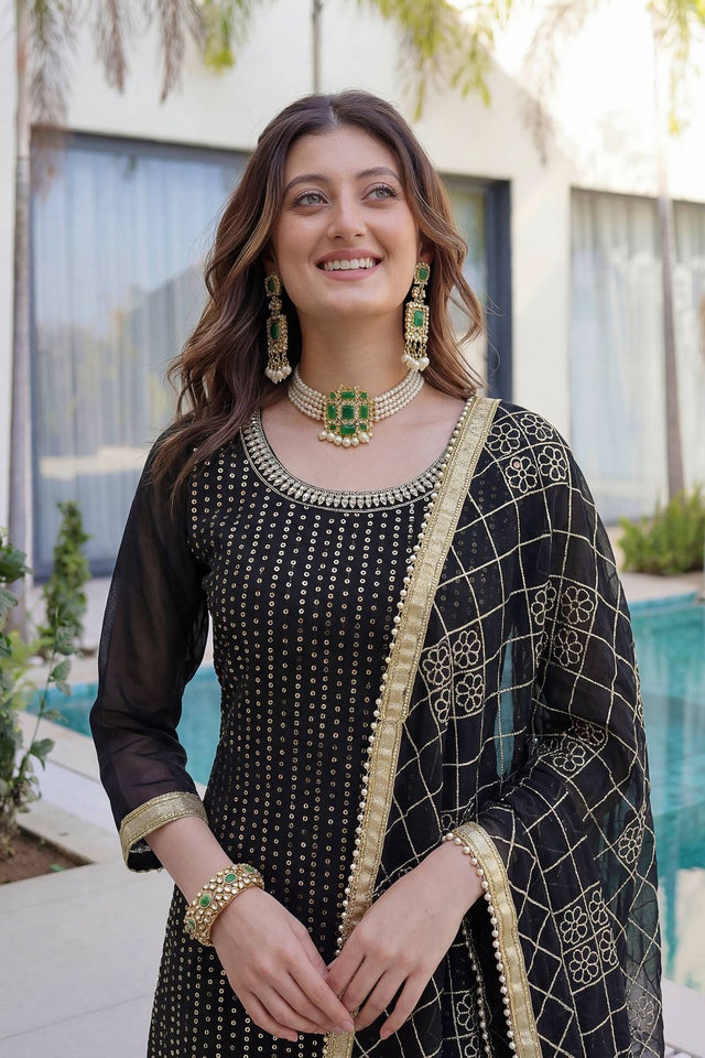 Black Sequin with Embroidered Georgette Sharara Suit (DV-ON5065-Black)