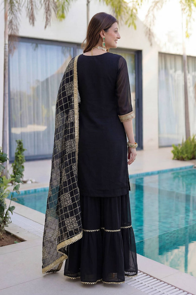 Black Sequin with Embroidered Georgette Sharara Suit (DV-ON5065-Black)