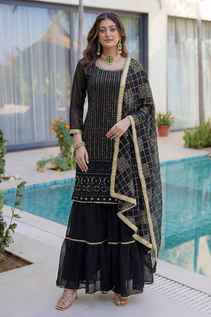 Black Sequin with Embroidered Georgette Sharara Suit (DV-ON5065-Black)