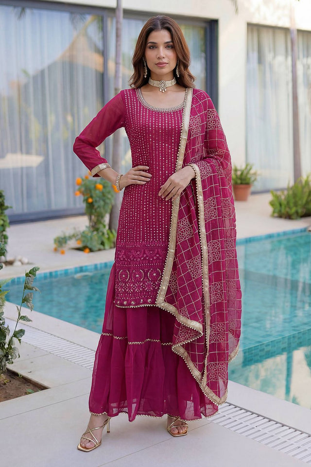 Pink Sequin with Embroidered Georgette Sharara Suit (DV-ON5065-Pink)