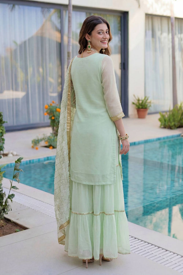 Green Sequin with Embroidered Georgette Sharara Suit (DV-ON5065-Pista)