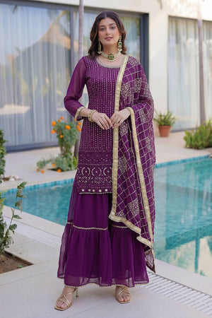 Violet Sequin with Embroidered Georgette Sharara Suit (DV-ON5065-Purple)