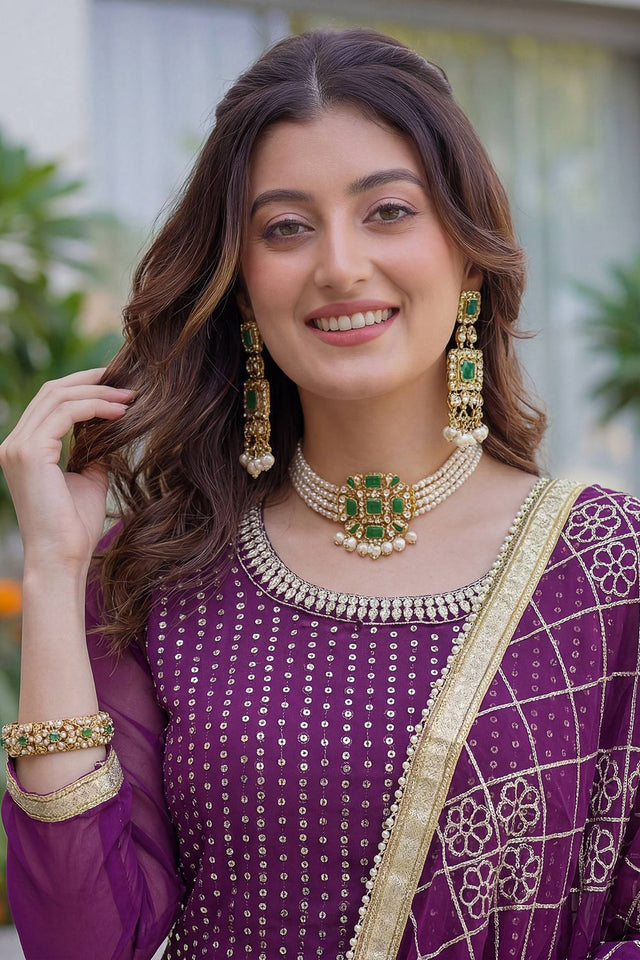 Violet Sequin with Embroidered Georgette Sharara Suit (DV-ON5065-Purple)