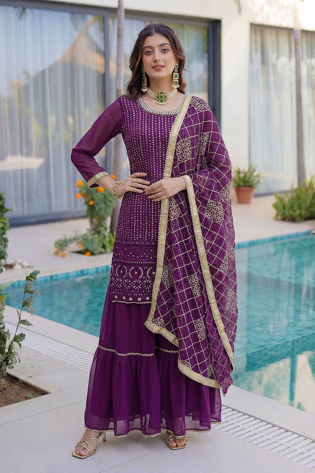 Violet Sequin with Embroidered Georgette Sharara Suit (DV-ON5065-Purple)