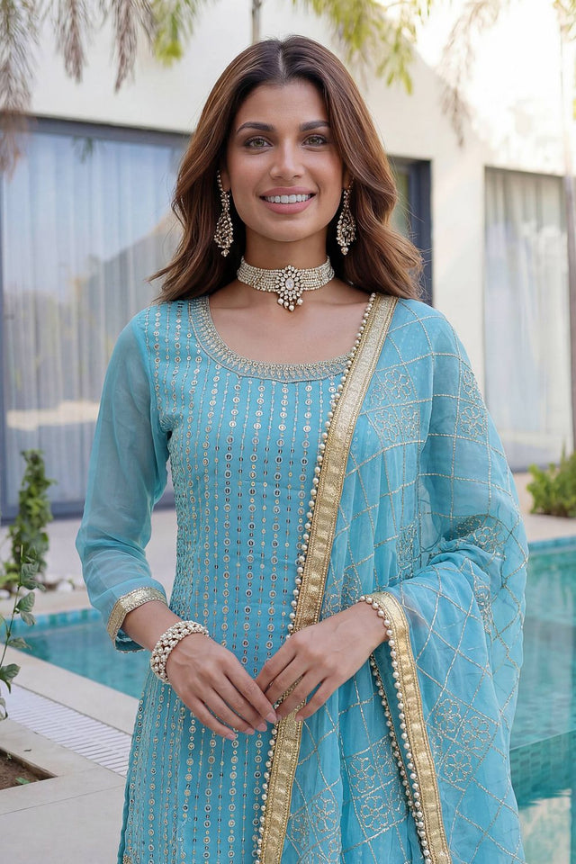 Blue Sequin with Embroidered Georgette Sharara Suit (DV-ON5065-Sky Blue)