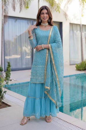 Blue Sequin with Embroidered Georgette Sharara Suit (DV-ON5065-Sky Blue)