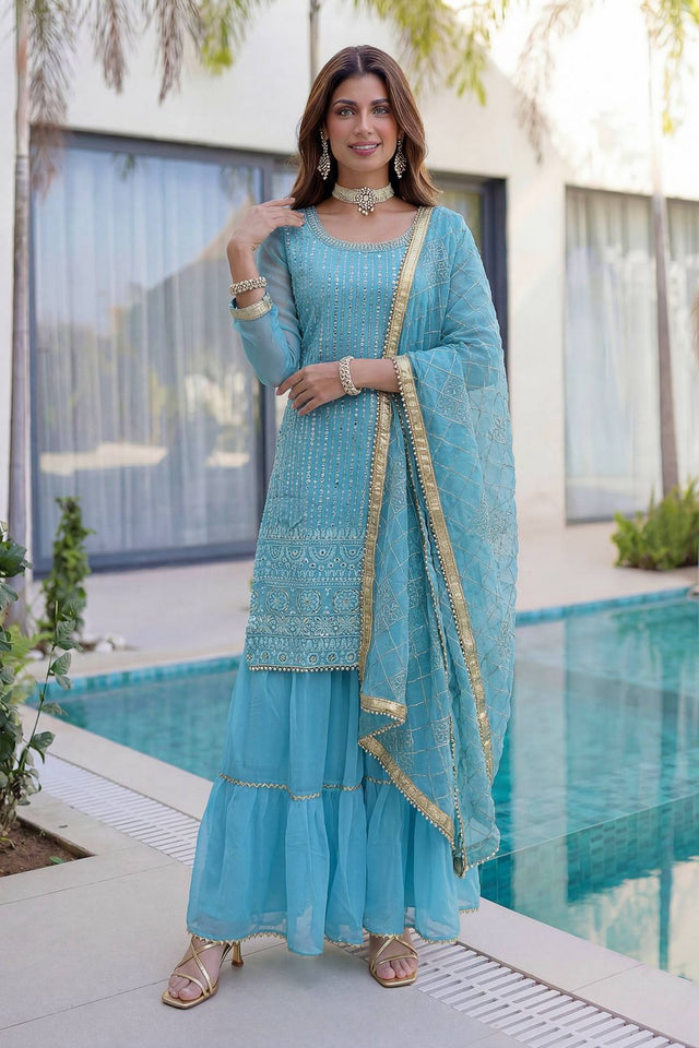Blue Sequin with Embroidered Georgette Sharara Suit (DV-ON5065-Sky Blue)
