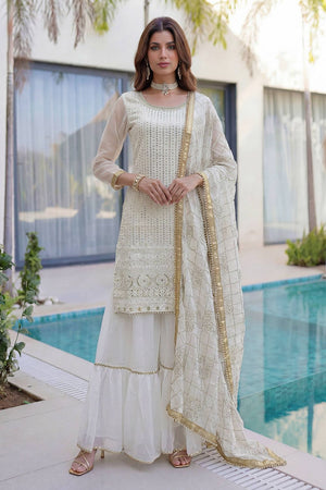 White Sequin with Embroidered Georgette Sharara Suit (DV-ON5065-White)
