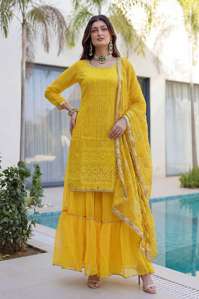 Yellow Sequin with Embroidered Georgette Sharara Suit (DV-ON5065-Yellow)