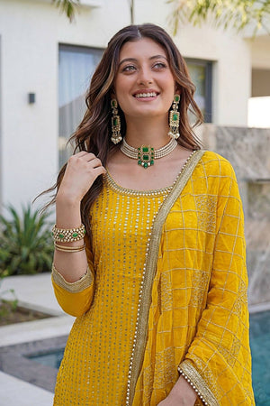 Yellow Sequin with Embroidered Georgette Sharara Suit (DV-ON5065-Yellow)