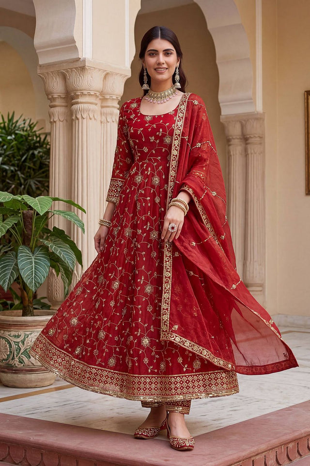 Red Sequin with Embroidered Silk Anarkali Suit (DV-ON5170-Red)