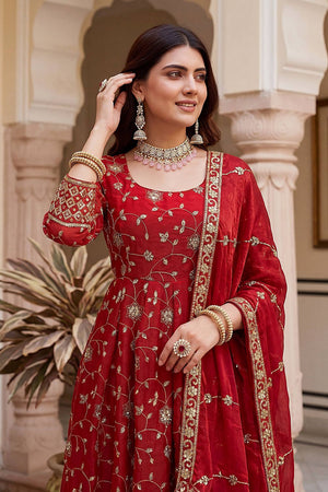 Red Sequin with Embroidered Silk Anarkali Suit (DV-ON5170-Red)