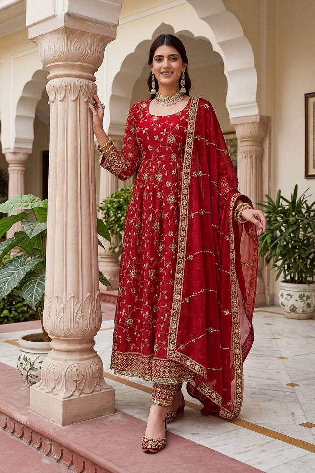 Red Sequin with Embroidered Silk Anarkali Suit (DV-ON5170-Red)