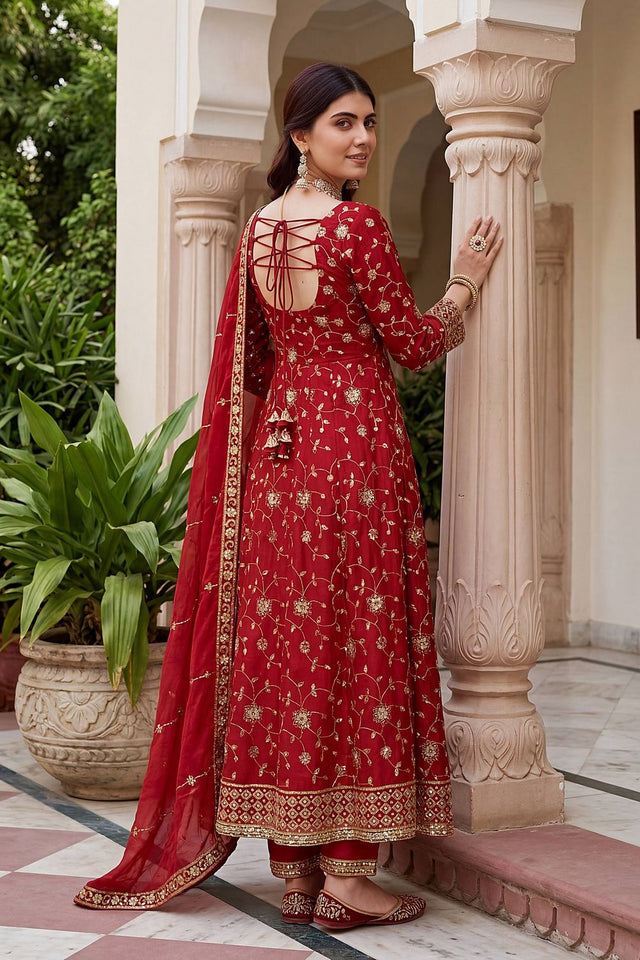 Red Sequin with Embroidered Silk Anarkali Suit (DV-ON5170-Red)