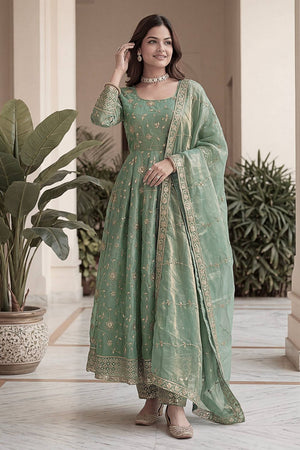 Green Sequin with Embroidered Silk Anarkali Suit (DV-ON5170-Sage Green)