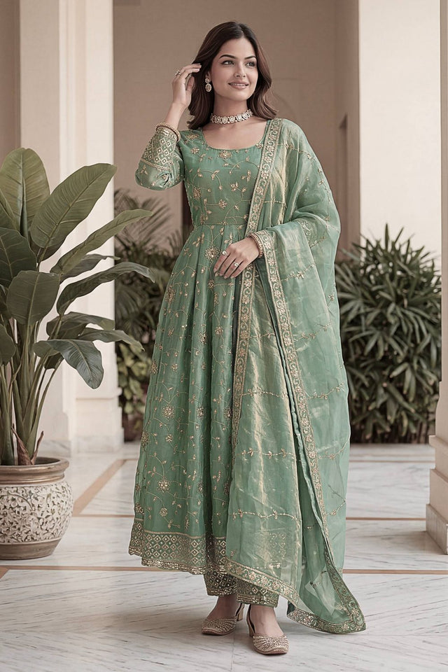Green Sequin with Embroidered Silk Anarkali Suit (DV-ON5170-Sage Green)
