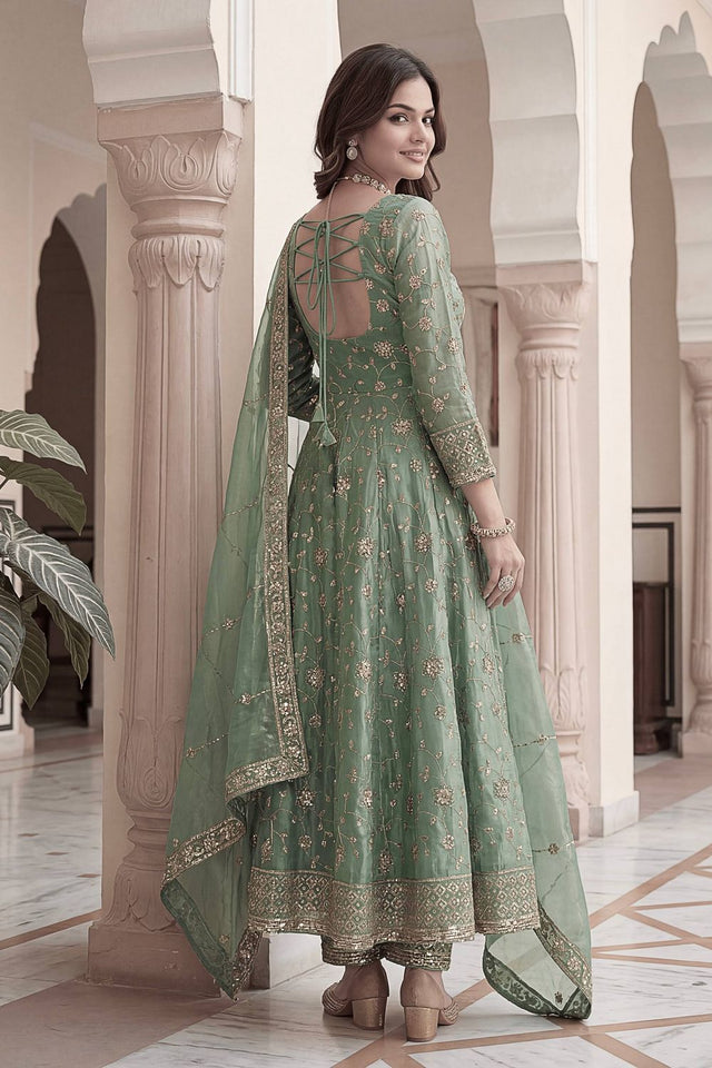 Green Sequin with Embroidered Silk Anarkali Suit (DV-ON5170-Sage Green)