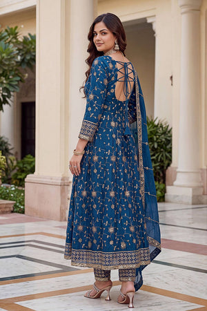 Turquoise Sequin with Embroidered Silk Anarkali Suit (DV-ON5170-Teal Blue)