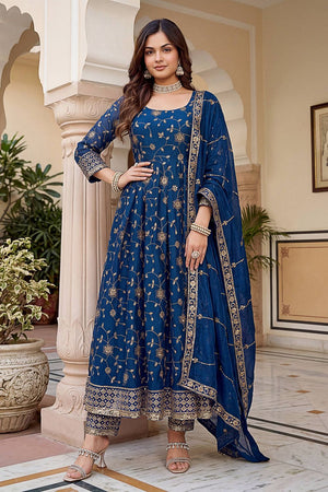 Turquoise Sequin with Embroidered Silk Anarkali Suit (DV-ON5170-Teal Blue)