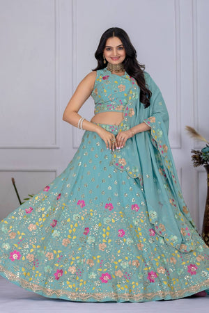 Turquoise Sequin with Embroidered Georgette Lehenga